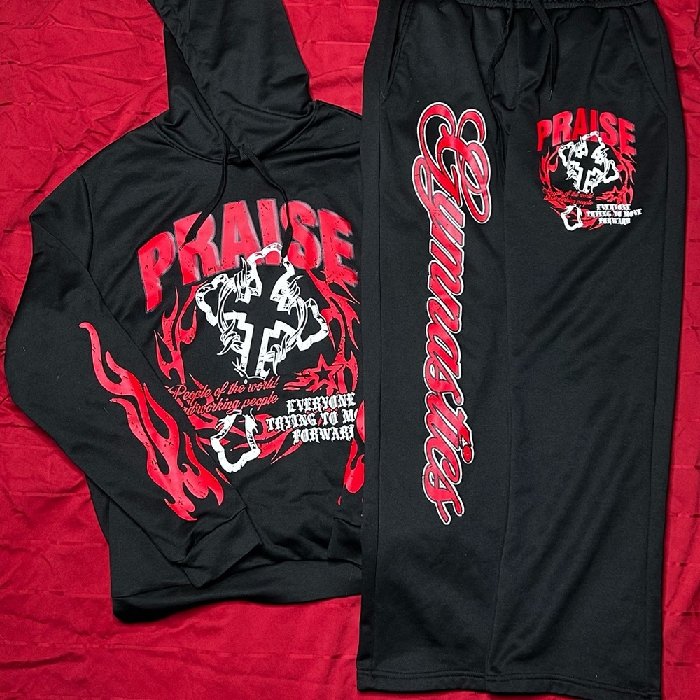Black and Red Graphic Hoodie and Sweatpants Set